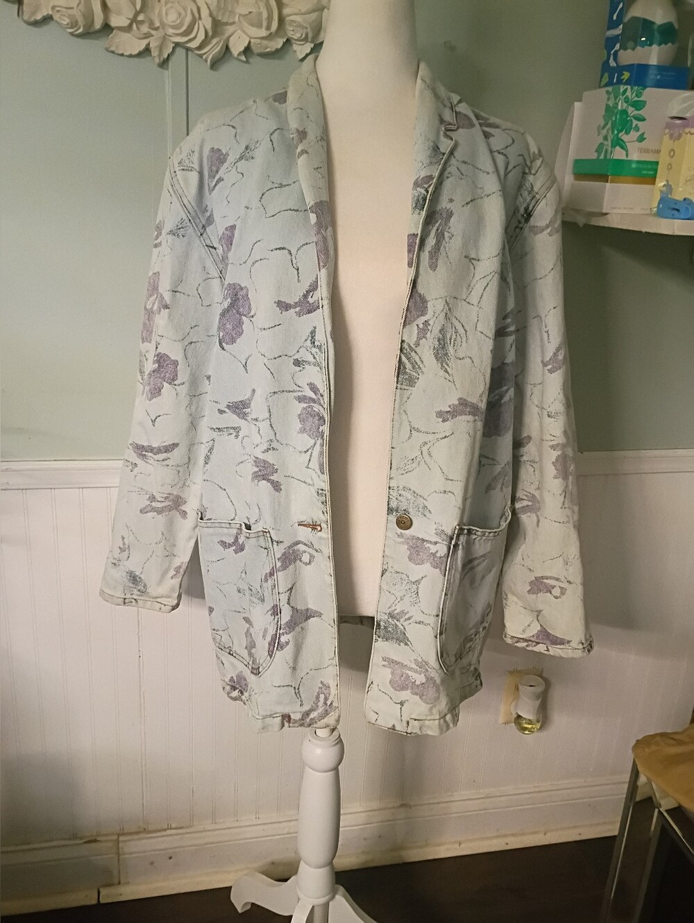 Vintage Light Mint Floral Open-Front Blazer Jacket with Lavender Accents
